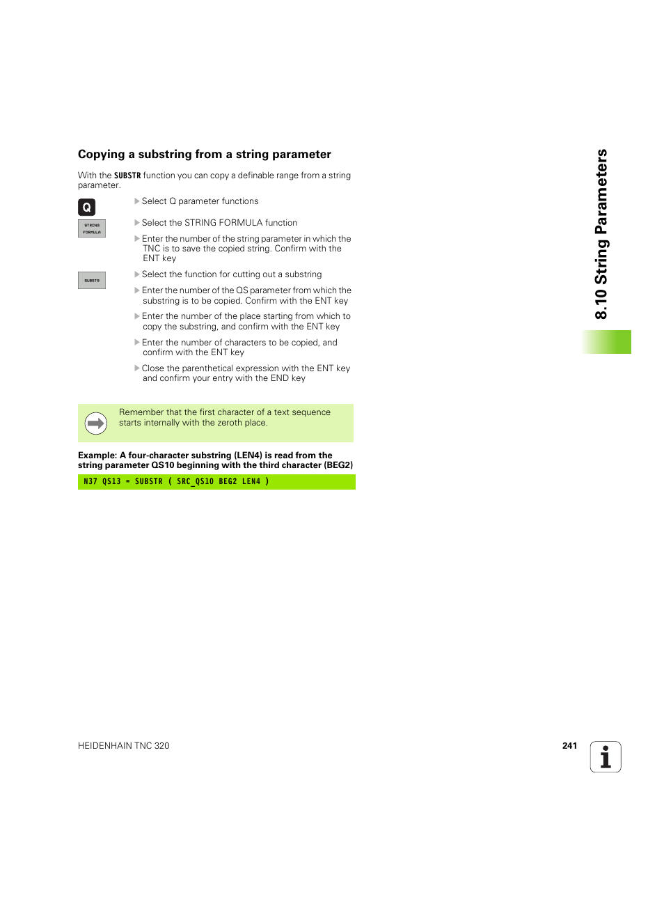 Copying a substring from a string parameter, 1 0 str ing p a ra met e rs | HEIDENHAIN TNC 320 (340 55x-04) ISO programming User Manual | Page 241 / 461