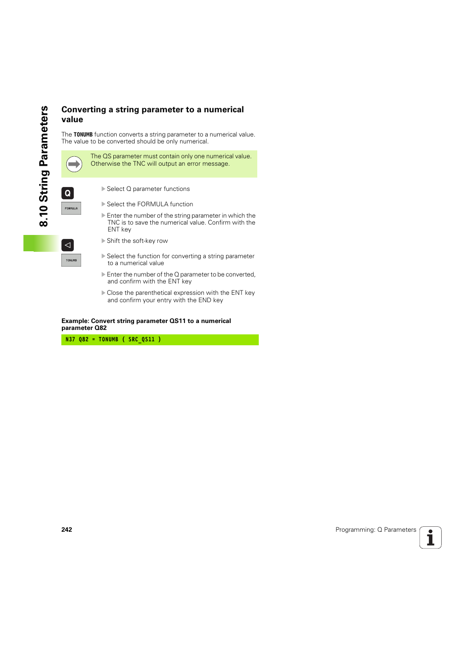 Converting a string parameter to a numerical value, 1 0 str ing p a ra met e rs | HEIDENHAIN TNC 320 (340 55x-04) ISO programming User Manual | Page 242 / 461