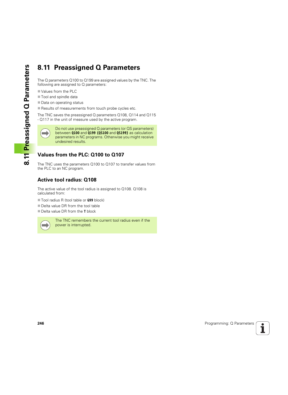 11 preassigned q parameters, Values from the plc: q100 to q107, Active tool radius: q108 | HEIDENHAIN TNC 320 (340 55x-04) ISO programming User Manual | Page 246 / 461