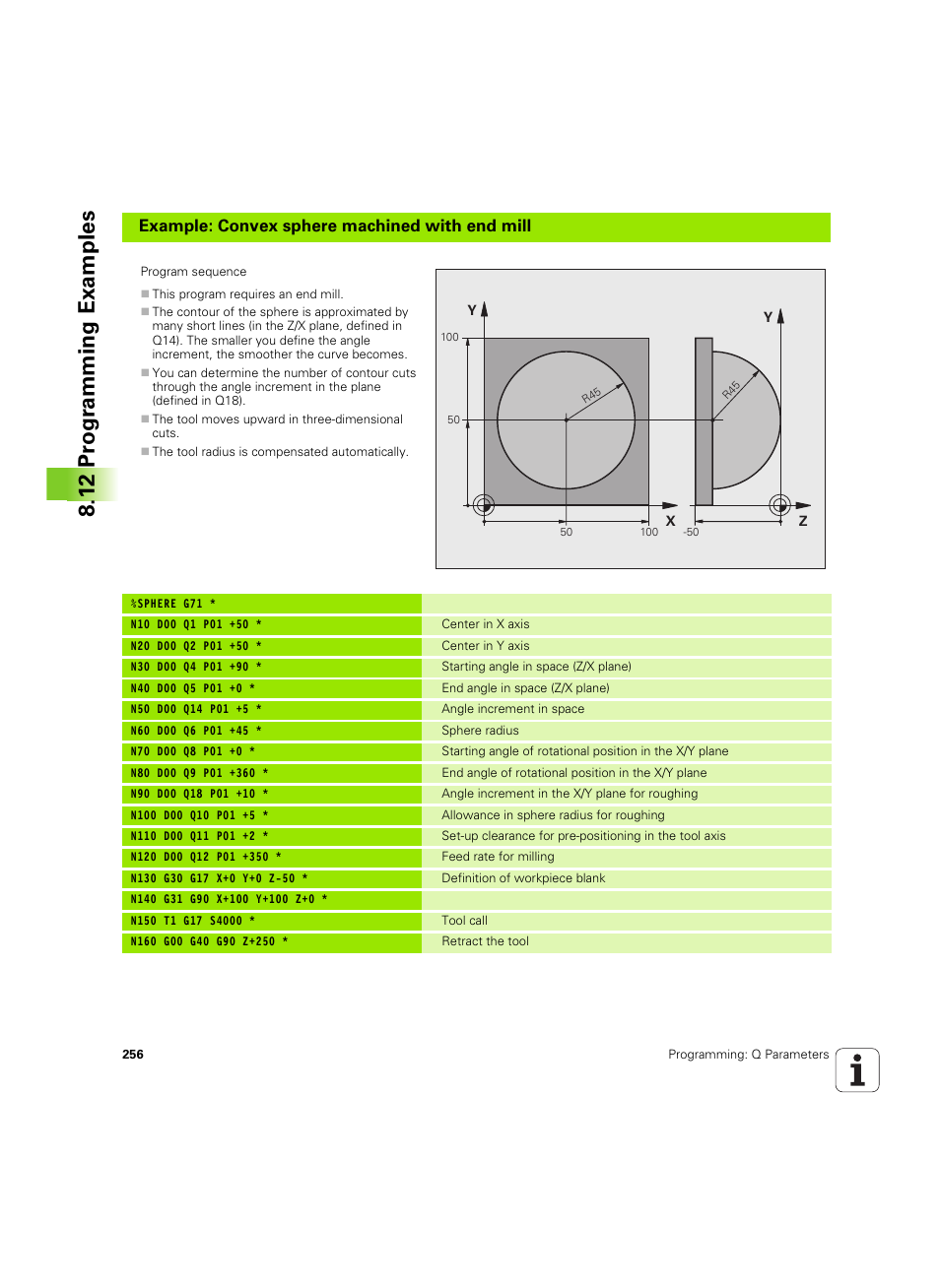 12 pr ogr amming examples, Example: convex sphere machined with end mill | HEIDENHAIN TNC 320 (340 55x-04) ISO programming User Manual | Page 256 / 461