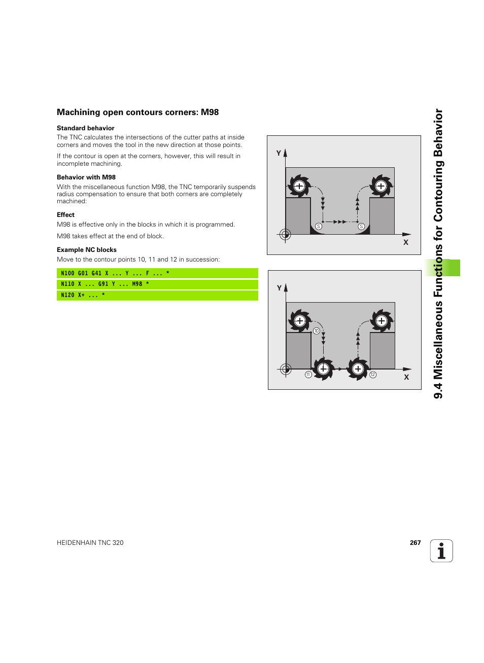 Machining open contours corners: m98 | HEIDENHAIN TNC 320 (340 55x-04) ISO programming User Manual | Page 267 / 461