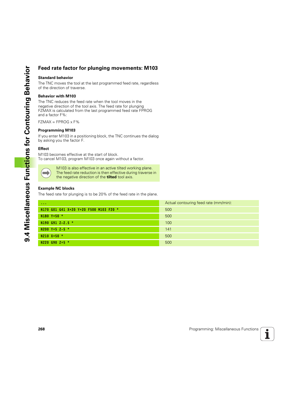 Feed rate factor for plunging movements: m103 | HEIDENHAIN TNC 320 (340 55x-04) ISO programming User Manual | Page 268 / 461
