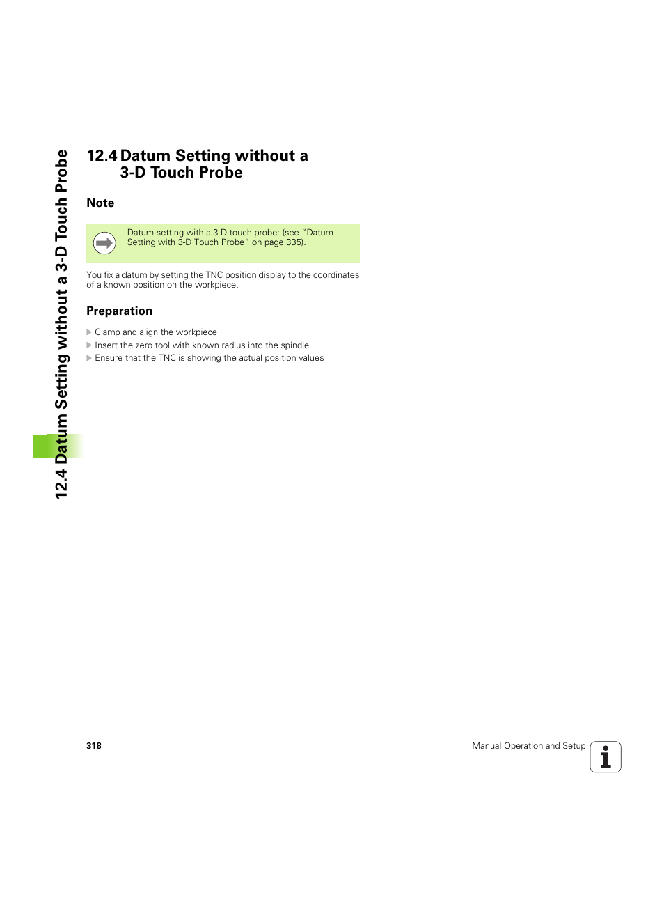 4 datum setting without a 3-d touch probe, Note, Preparation | HEIDENHAIN TNC 320 (340 55x-04) ISO programming User Manual | Page 318 / 461
