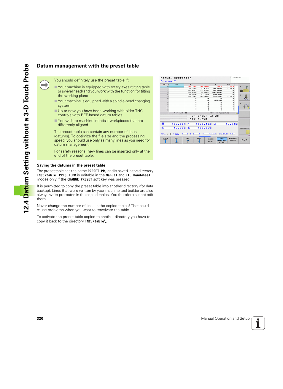 Datum management with the preset table, 4 d a tu m set ting without a 3-d t o uc h pr obe | HEIDENHAIN TNC 320 (340 55x-04) ISO programming User Manual | Page 320 / 461