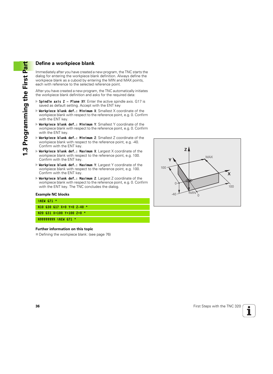 Define a workpiece blank, 3 pr ogr amming the first p a rt | HEIDENHAIN TNC 320 (340 55x-04) ISO programming User Manual | Page 36 / 461