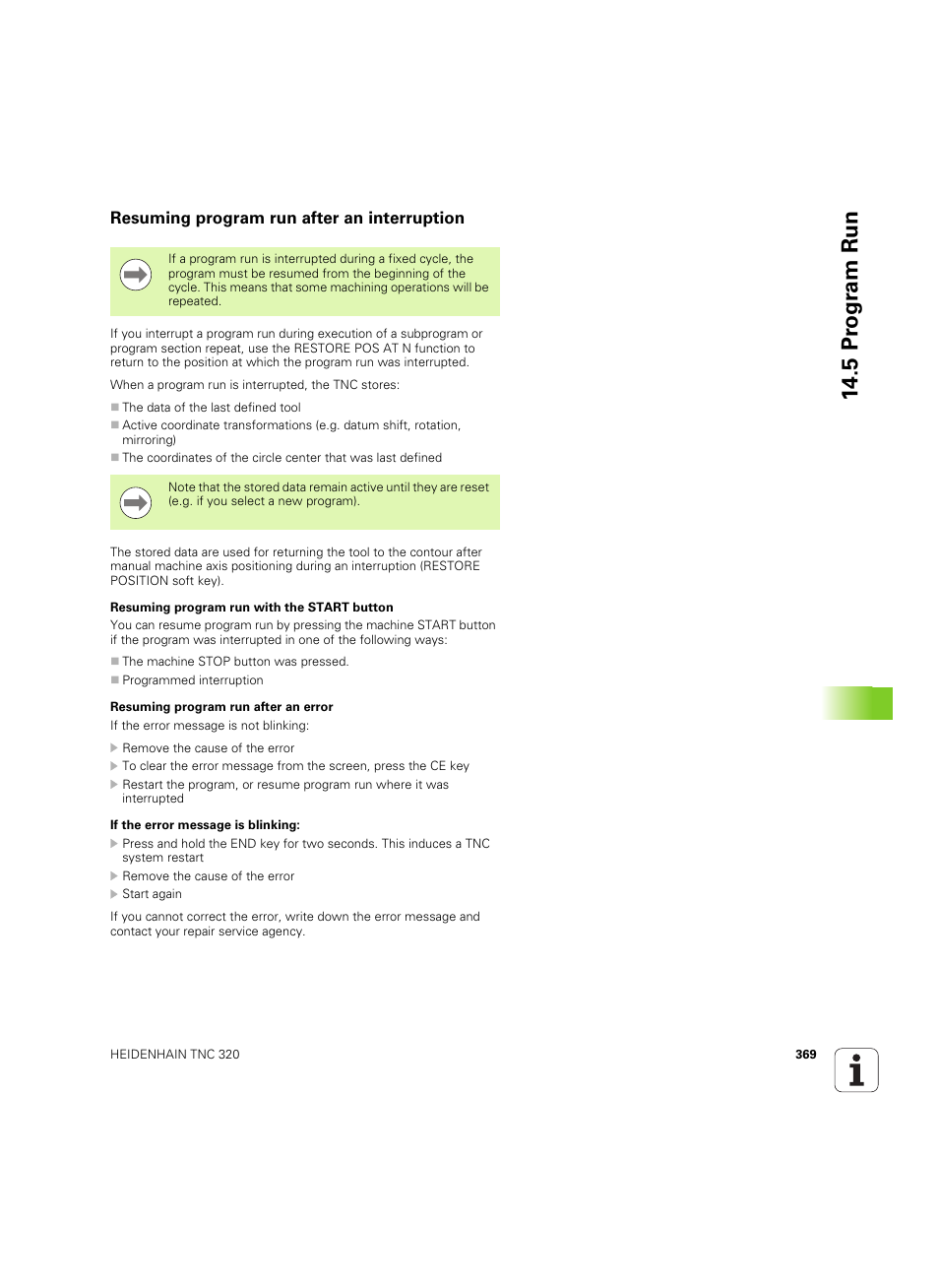 Resuming program run after an interruption, 5 pr ogr am run | HEIDENHAIN TNC 320 (340 55x-04) ISO programming User Manual | Page 369 / 461