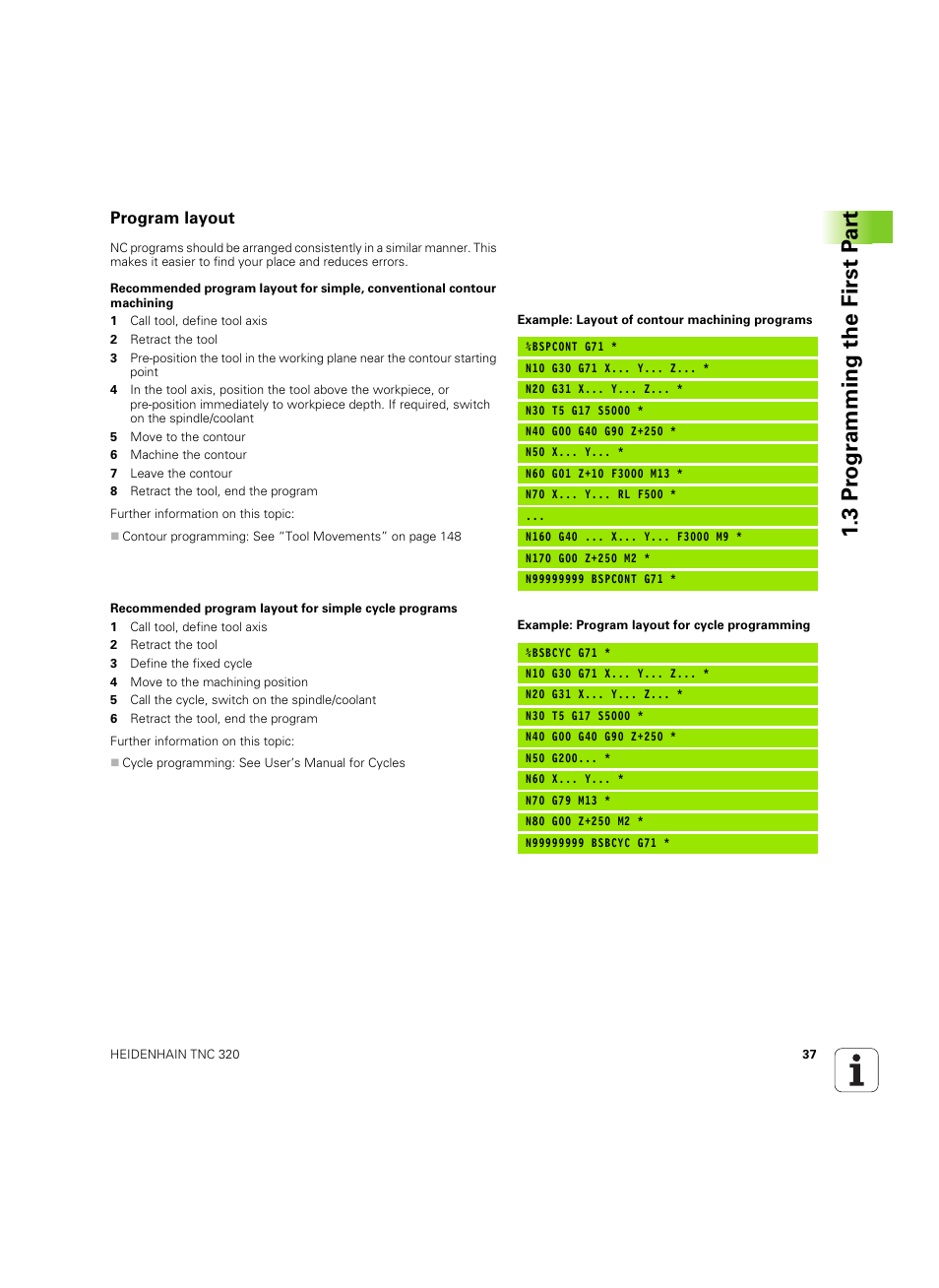 Program layout, 3 pr ogr amming the first p a rt | HEIDENHAIN TNC 320 (340 55x-04) ISO programming User Manual | Page 37 / 461