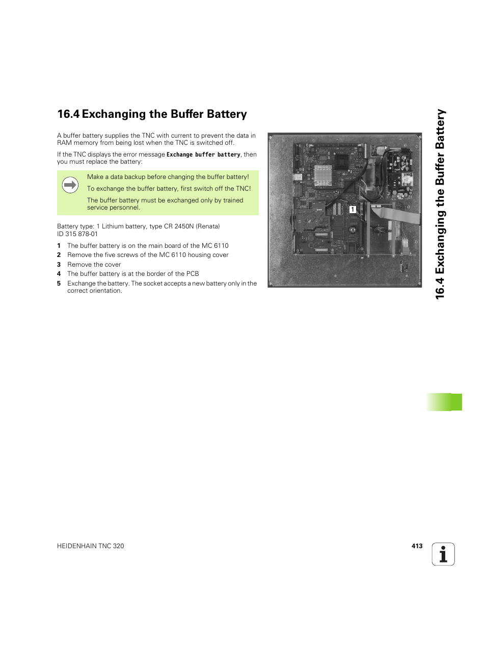 4 exchanging the buffer battery | HEIDENHAIN TNC 320 (340 55x-04) ISO programming User Manual | Page 413 / 461