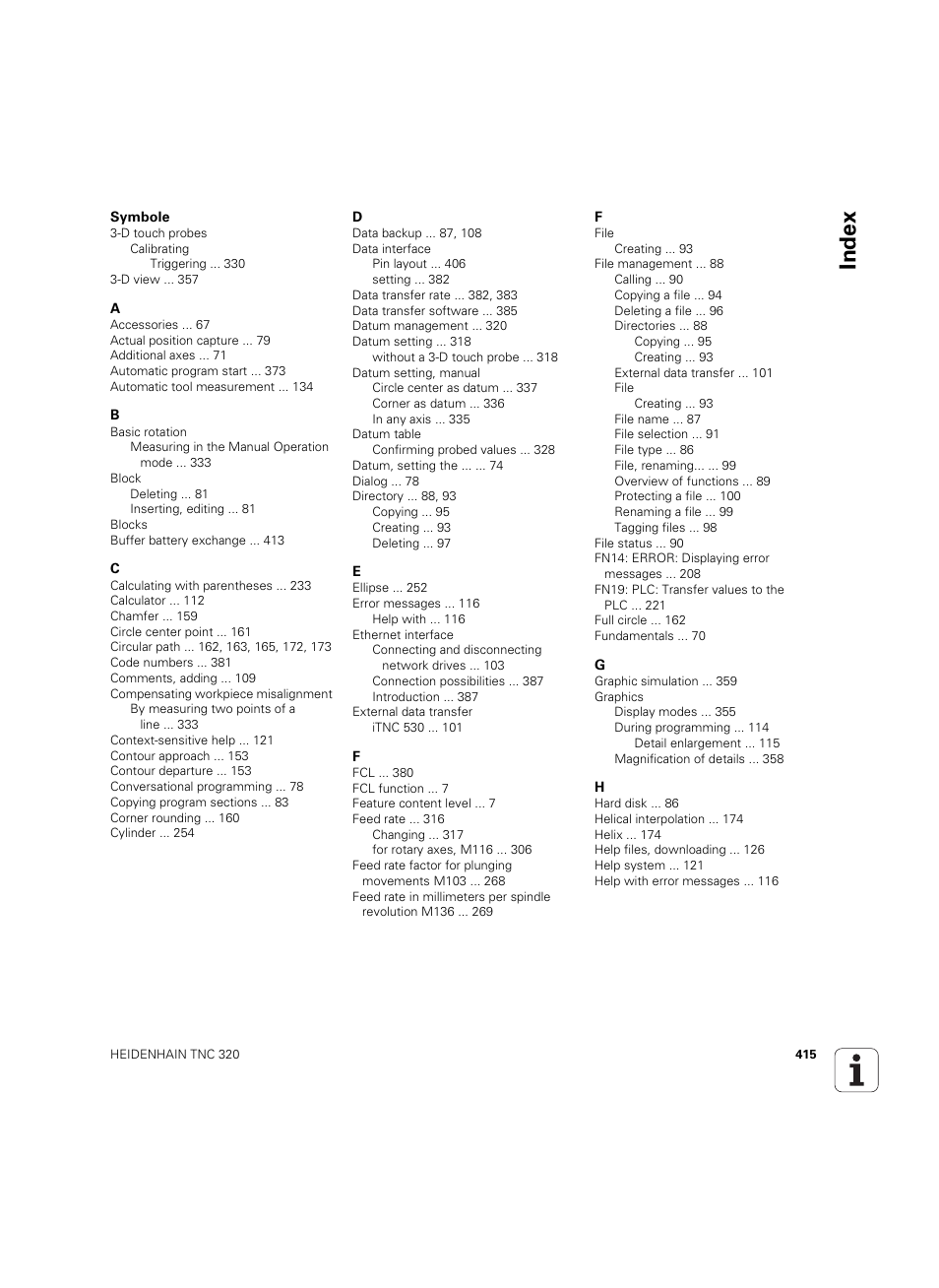 Index | HEIDENHAIN TNC 320 (340 55x-04) ISO programming User Manual | Page 415 / 461