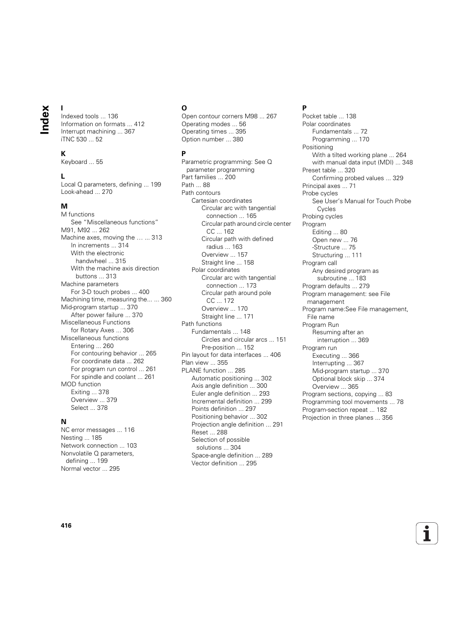 Index | HEIDENHAIN TNC 320 (340 55x-04) ISO programming User Manual | Page 416 / 461