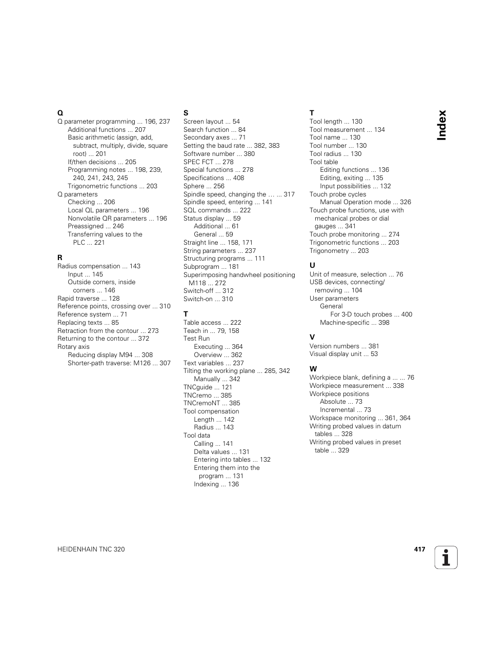 Index | HEIDENHAIN TNC 320 (340 55x-04) ISO programming User Manual | Page 417 / 461