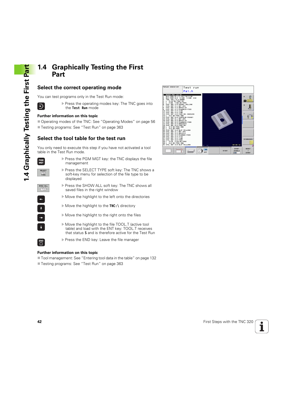 4 graphically testing the first part, Select the correct operating mode, Select the tool table for the test run | HEIDENHAIN TNC 320 (340 55x-04) ISO programming User Manual | Page 42 / 461