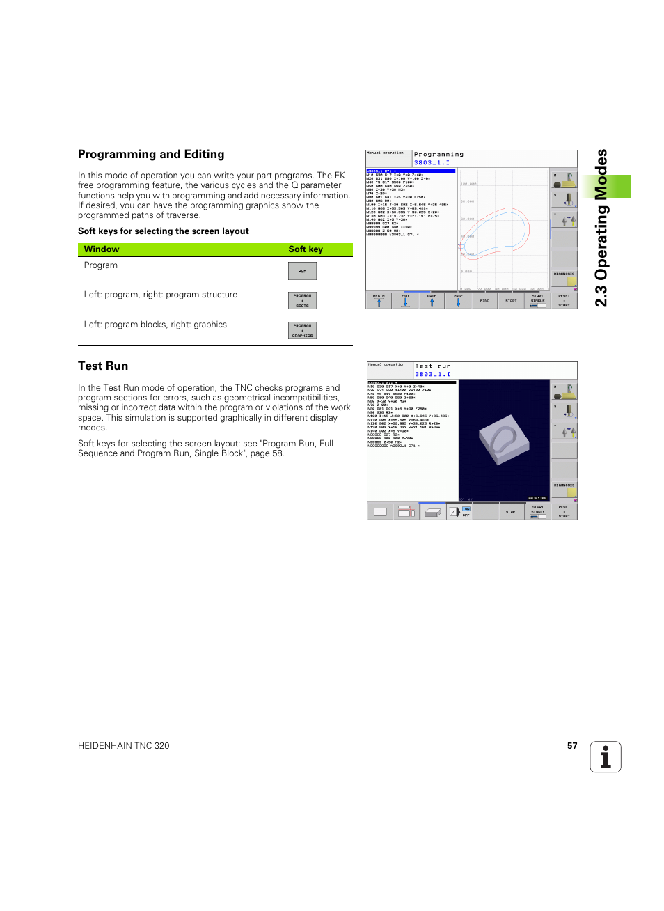 Programming and editing, Test run, 3 oper ating modes | HEIDENHAIN TNC 320 (340 55x-04) ISO programming User Manual | Page 57 / 461