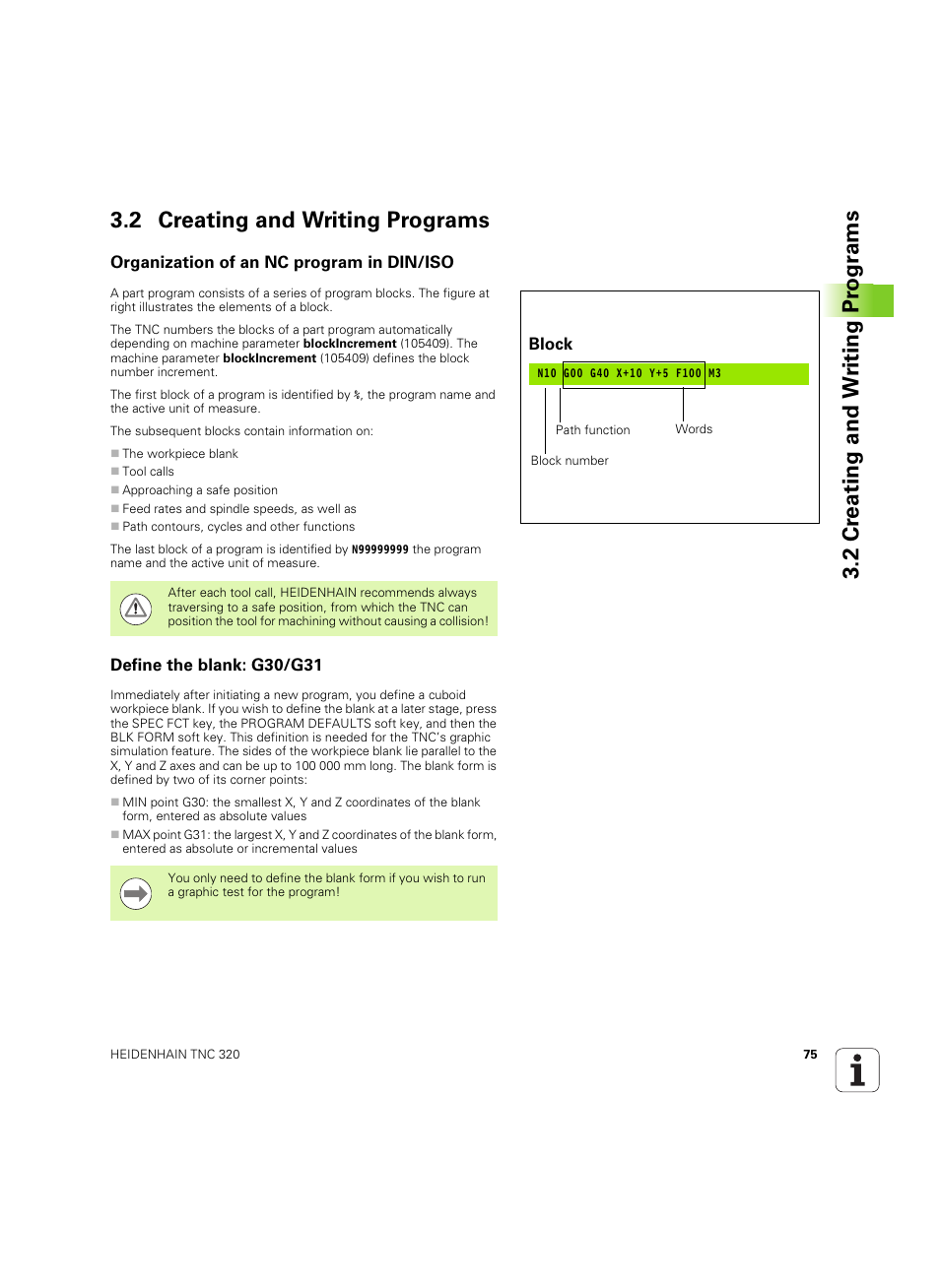 2 creating and writing programs, Organization of an nc program in din/iso, Define the blank: g30/g31 | HEIDENHAIN TNC 320 (340 55x-04) ISO programming User Manual | Page 75 / 461