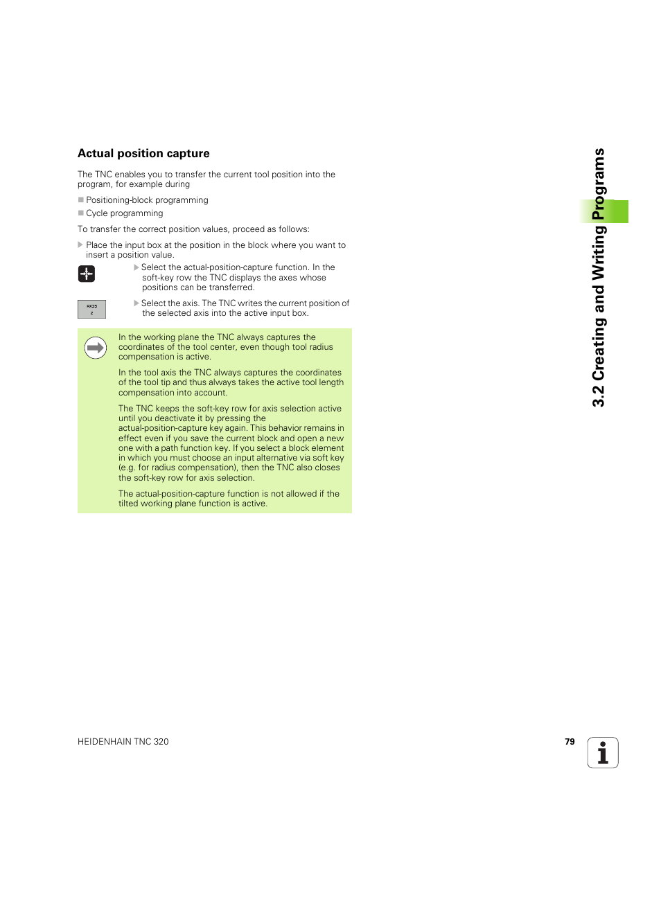 Actual position capture, 2 cr eating and w riting pr ogr a ms | HEIDENHAIN TNC 320 (340 55x-04) ISO programming User Manual | Page 79 / 461