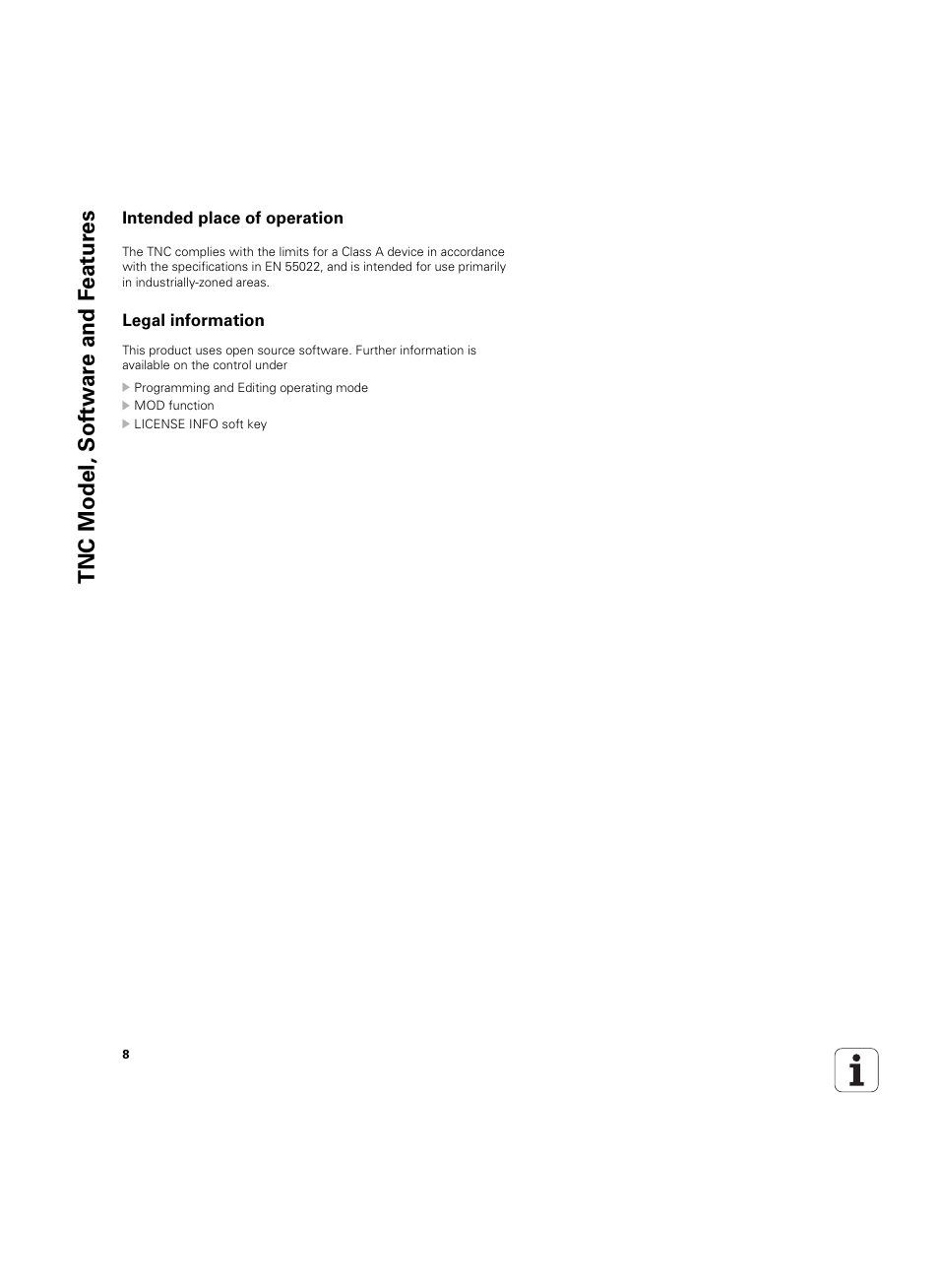 Intended place of operation, Legal information, Tnc model, sof tw a re and f eat ur es | HEIDENHAIN TNC 320 (340 55x-04) ISO programming User Manual | Page 8 / 461