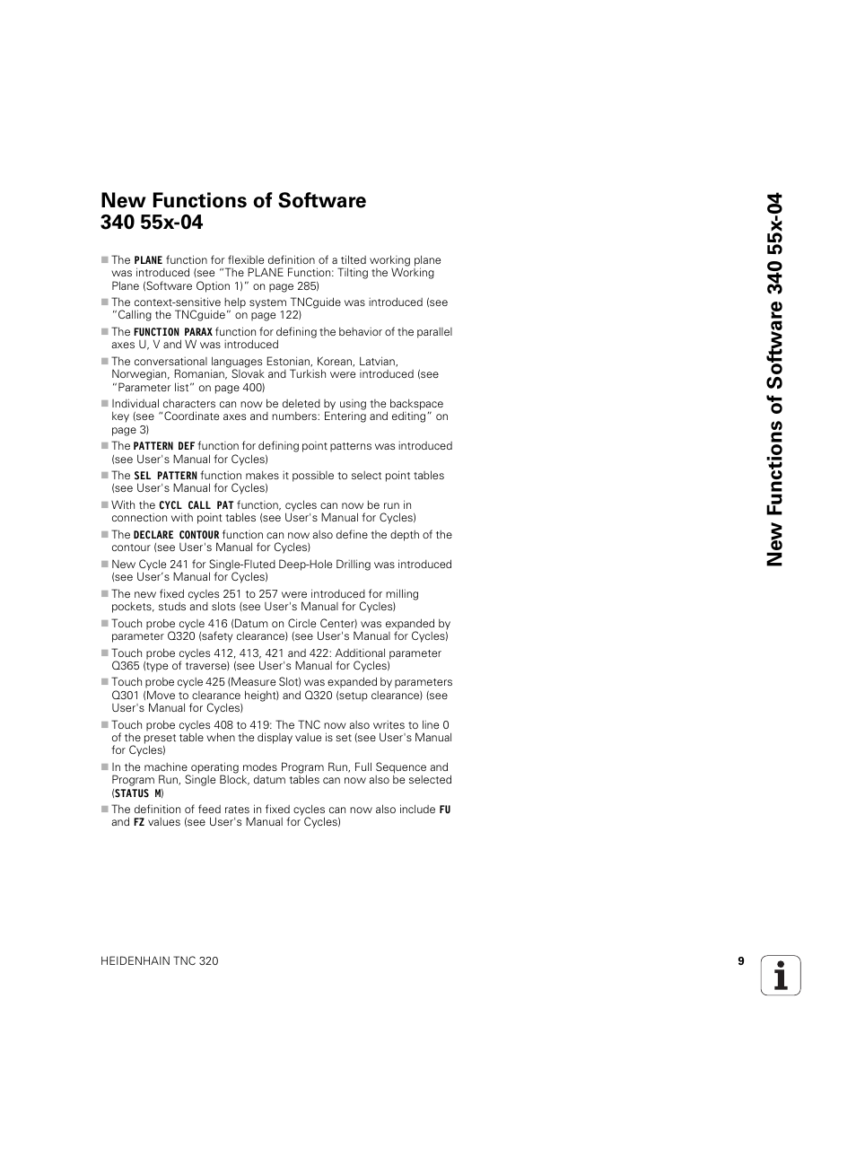 New functions of software 340 55x-04 | HEIDENHAIN TNC 320 (340 55x-04) ISO programming User Manual | Page 9 / 461