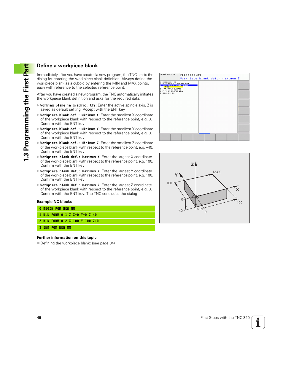 Define a workpiece blank, 3 pr ogr amming the first p a rt | HEIDENHAIN TNC 320 (340 55x-05) User Manual | Page 40 / 515