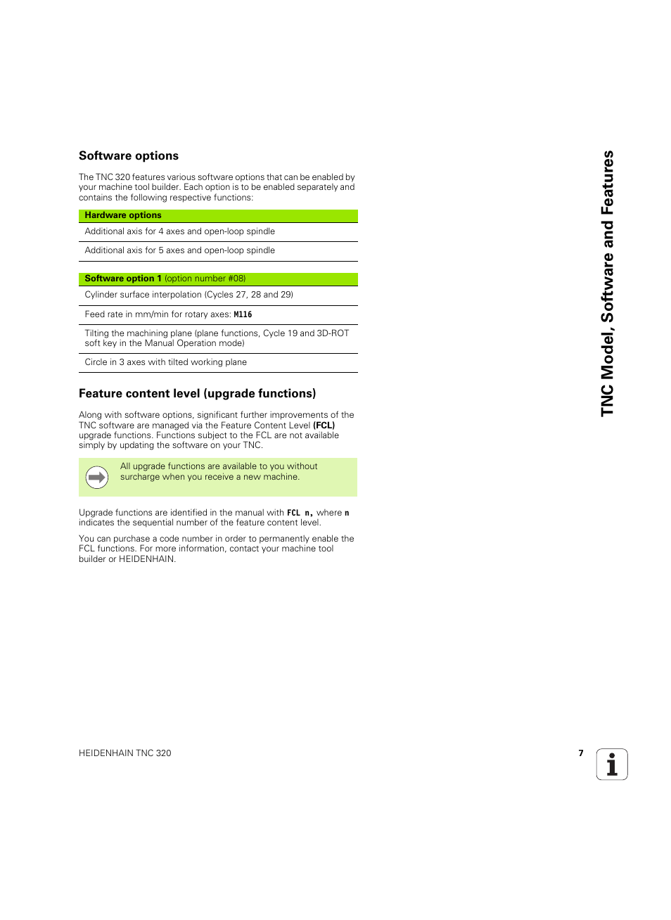Software options, Feature content level (upgrade functions), Tnc model, sof tw a re and f eat ur es | HEIDENHAIN TNC 320 (340 55x-05) User Manual | Page 7 / 515