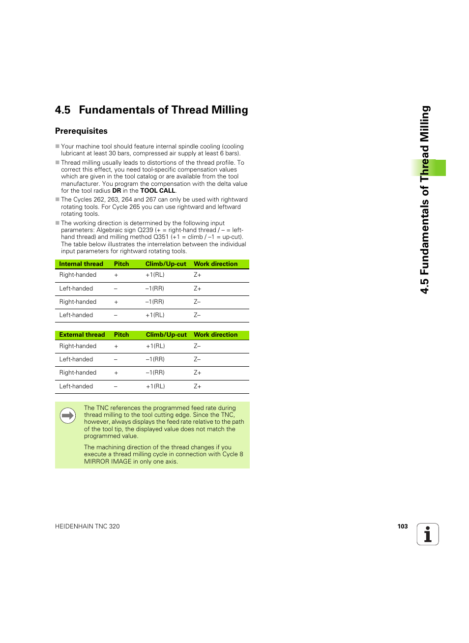 5 fundamentals of thread milling, Prerequisites | HEIDENHAIN TNC 320 (340 55x-05) Cycle programming User Manual | Page 103 / 439