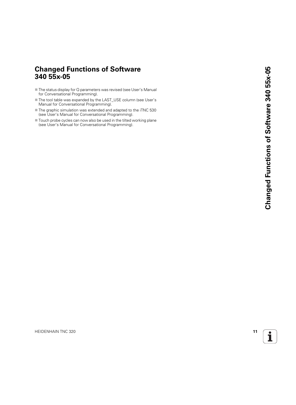 Changed functions of software 340 55x-05 | HEIDENHAIN TNC 320 (340 55x-05) Cycle programming User Manual | Page 11 / 439