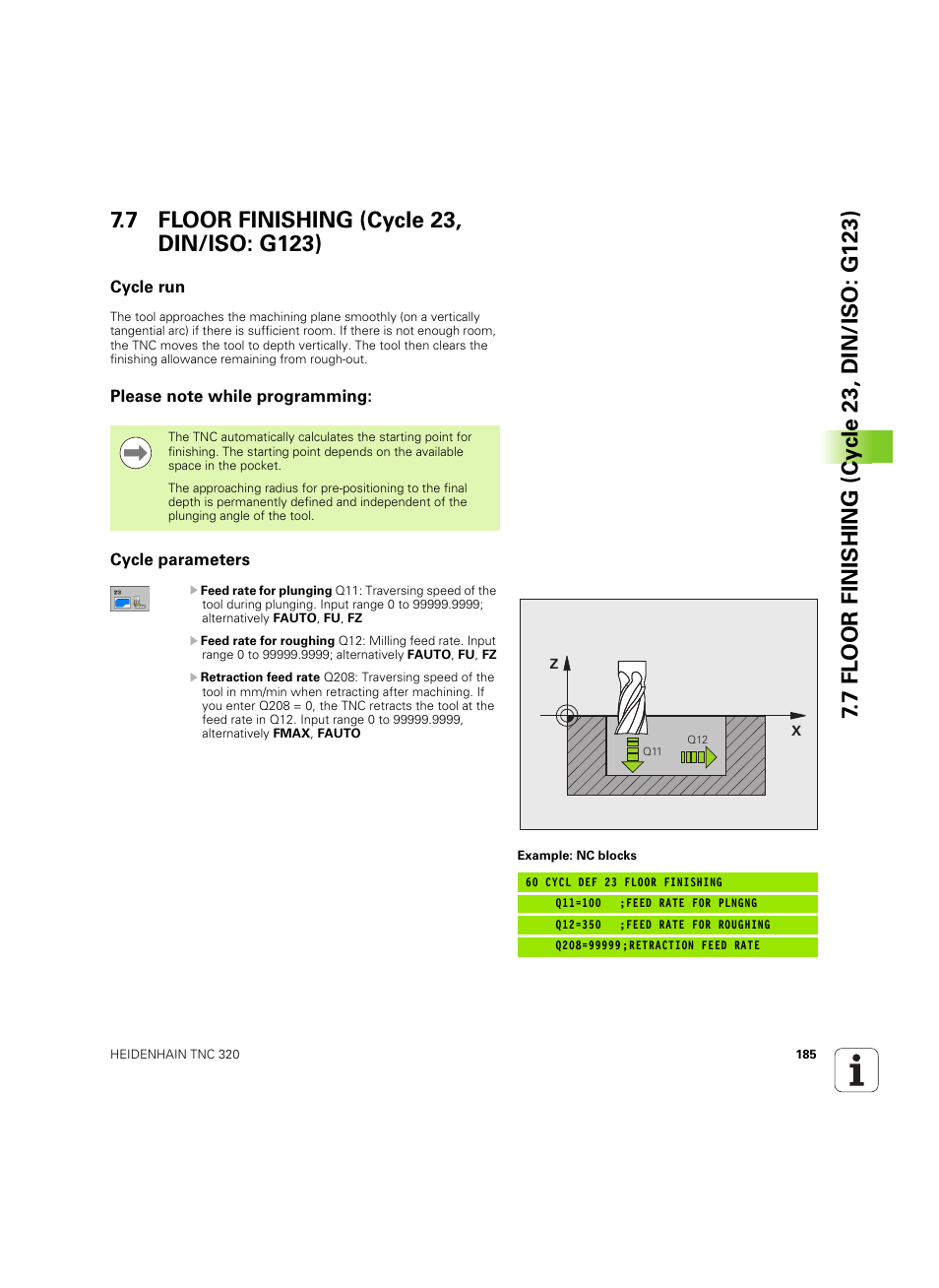 7 floor finishing (cycle 23, din/iso: g123), Cycle run, Please note while programming | Cycle parameters | HEIDENHAIN TNC 320 (340 55x-05) Cycle programming User Manual | Page 185 / 439