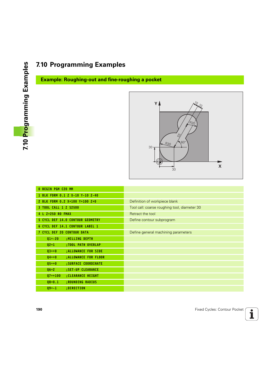 10 programming examples, Example: roughing-out and fine-roughing a pocket | HEIDENHAIN TNC 320 (340 55x-05) Cycle programming User Manual | Page 190 / 439