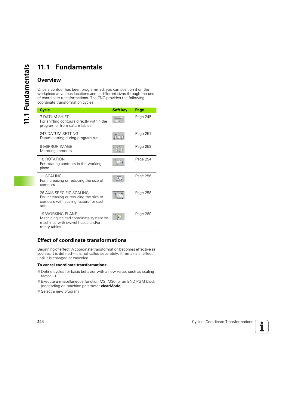 1 fundamentals, Overview, Effect of coordinate transformations | 1 f undamentals 11.1 fundamentals | HEIDENHAIN TNC 320 (340 55x-05) Cycle programming User Manual | Page 244 / 439