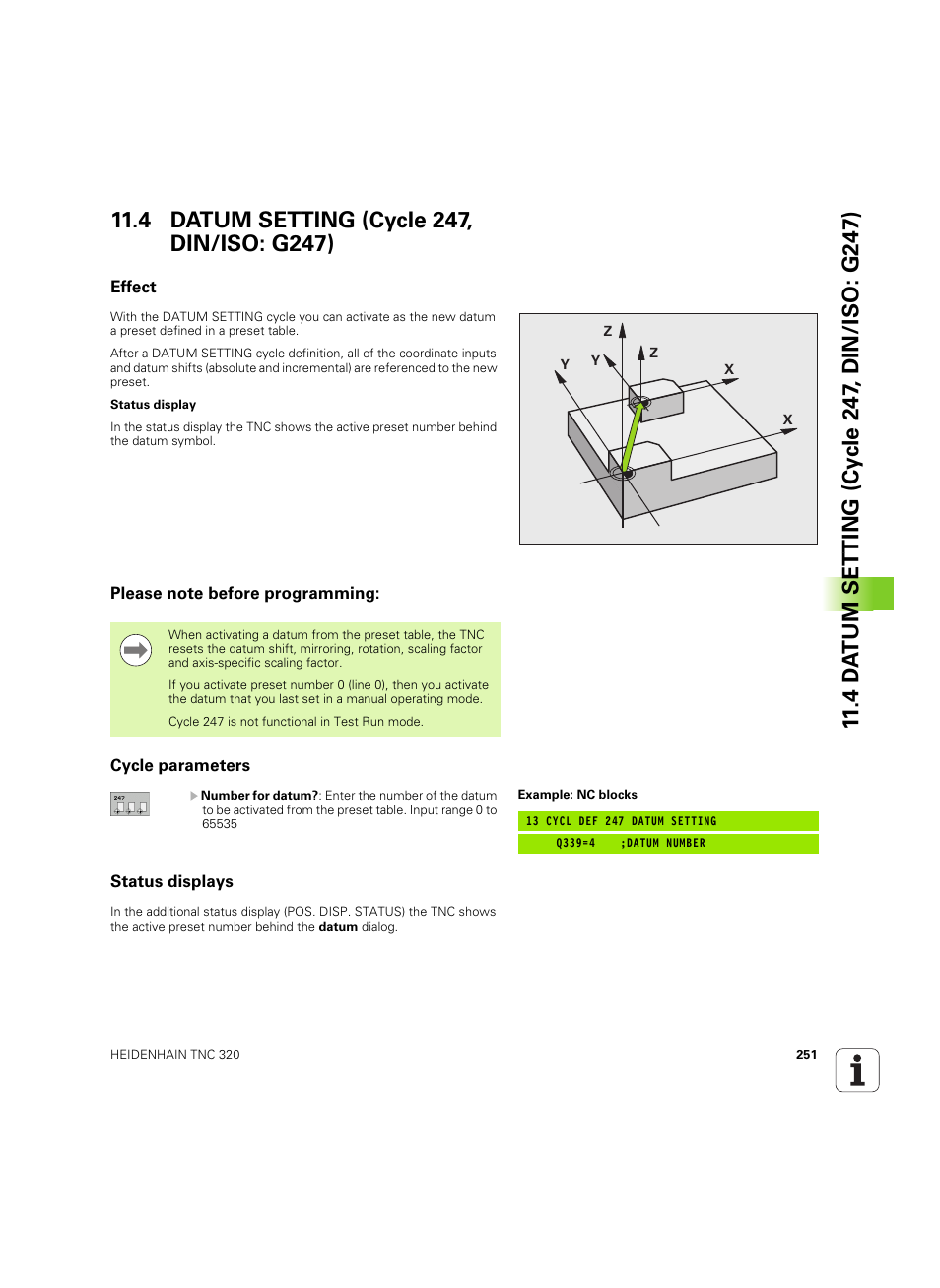 4 datum setting (cycle 247, din/iso: g247), Effect, Please note before programming | Cycle parameters, Status displays | HEIDENHAIN TNC 320 (340 55x-05) Cycle programming User Manual | Page 251 / 439