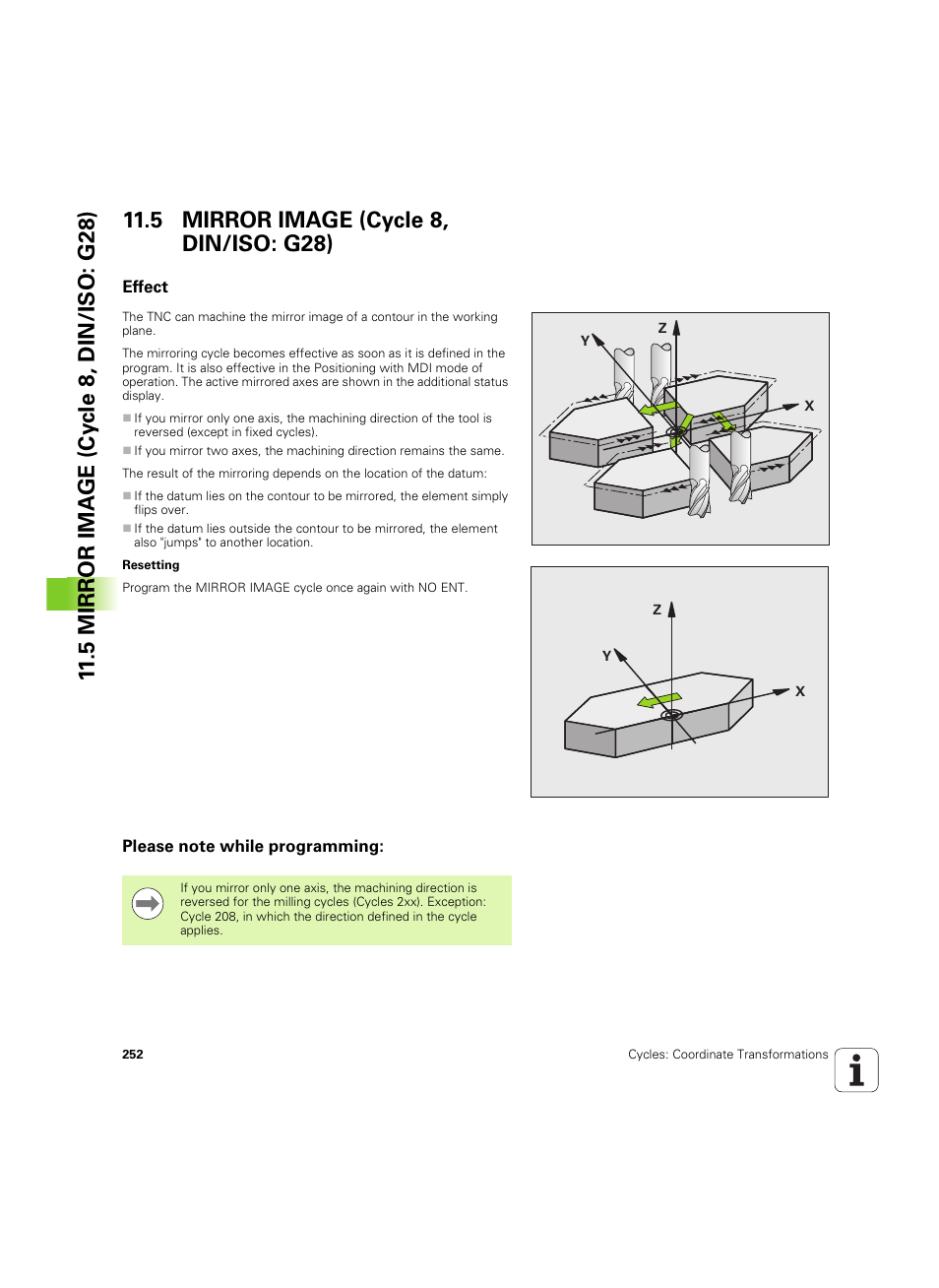 5 mirror image (cycle 8, din/iso: g28), Effect, Please note while programming | HEIDENHAIN TNC 320 (340 55x-05) Cycle programming User Manual | Page 252 / 439