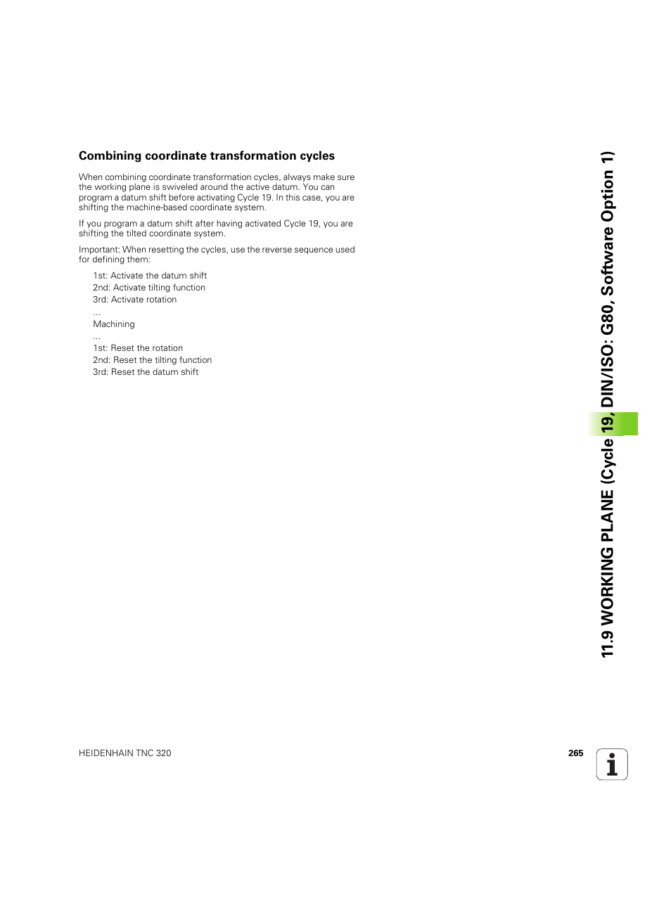Combining coordinate transformation cycles | HEIDENHAIN TNC 320 (340 55x-05) Cycle programming User Manual | Page 265 / 439