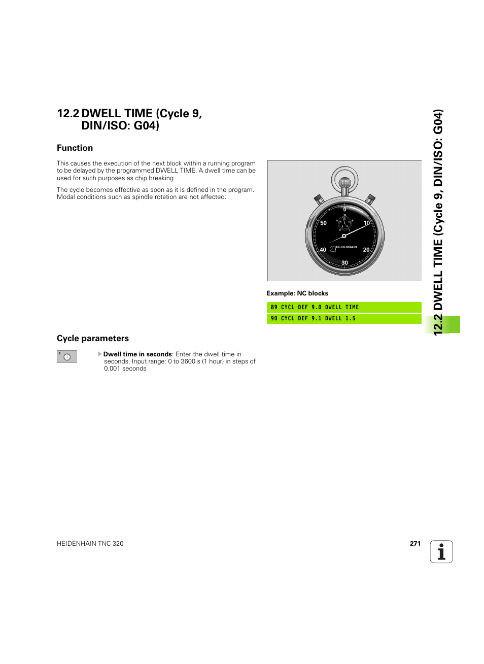 2 dwell time (cycle 9, din/iso: g04), Function, Cycle parameters | HEIDENHAIN TNC 320 (340 55x-05) Cycle programming User Manual | Page 271 / 439