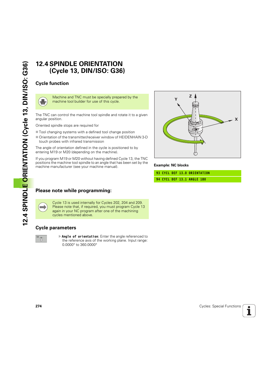 4 spindle orientation (cycle 13, din/iso: g36), Cycle function, Please note while programming | Cycle parameters | HEIDENHAIN TNC 320 (340 55x-05) Cycle programming User Manual | Page 274 / 439