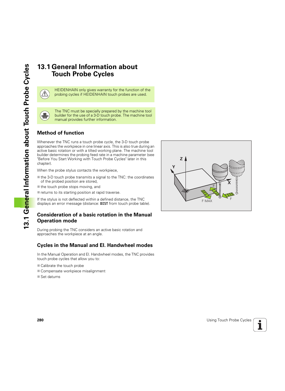 1 general information about touch probe cycles, Method of function, Cycles in the manual and el. handwheel modes | HEIDENHAIN TNC 320 (340 55x-05) Cycle programming User Manual | Page 280 / 439