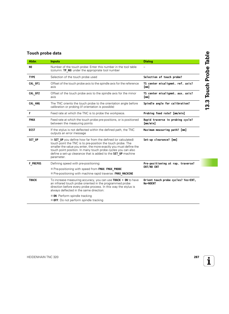 Touch probe data, 3 t ouc h pr obe t a ble | HEIDENHAIN TNC 320 (340 55x-05) Cycle programming User Manual | Page 287 / 439