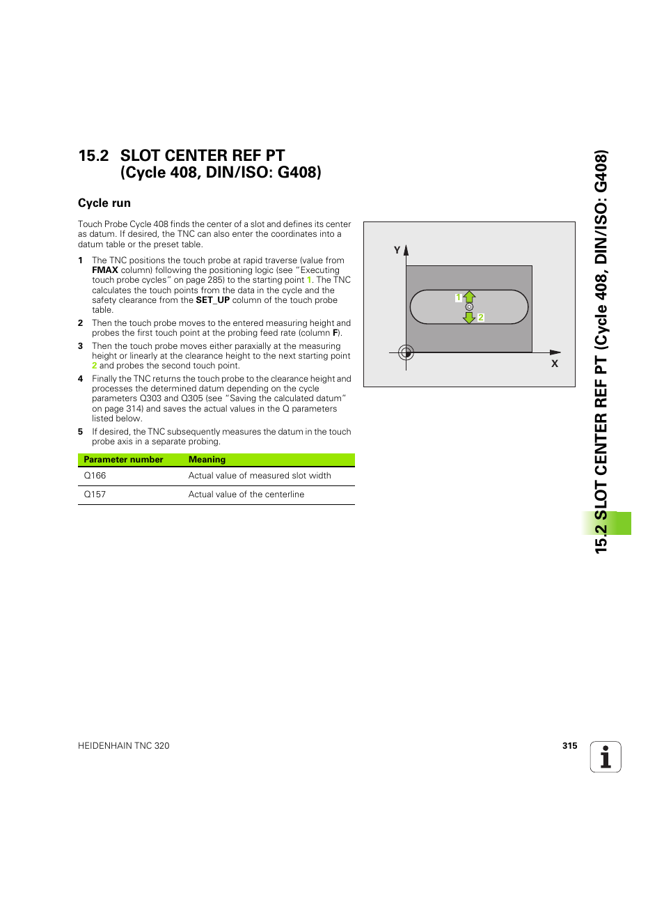 2 slot center ref pt (cycle 408, din/iso: g408), Cycle run | HEIDENHAIN TNC 320 (340 55x-05) Cycle programming User Manual | Page 315 / 439