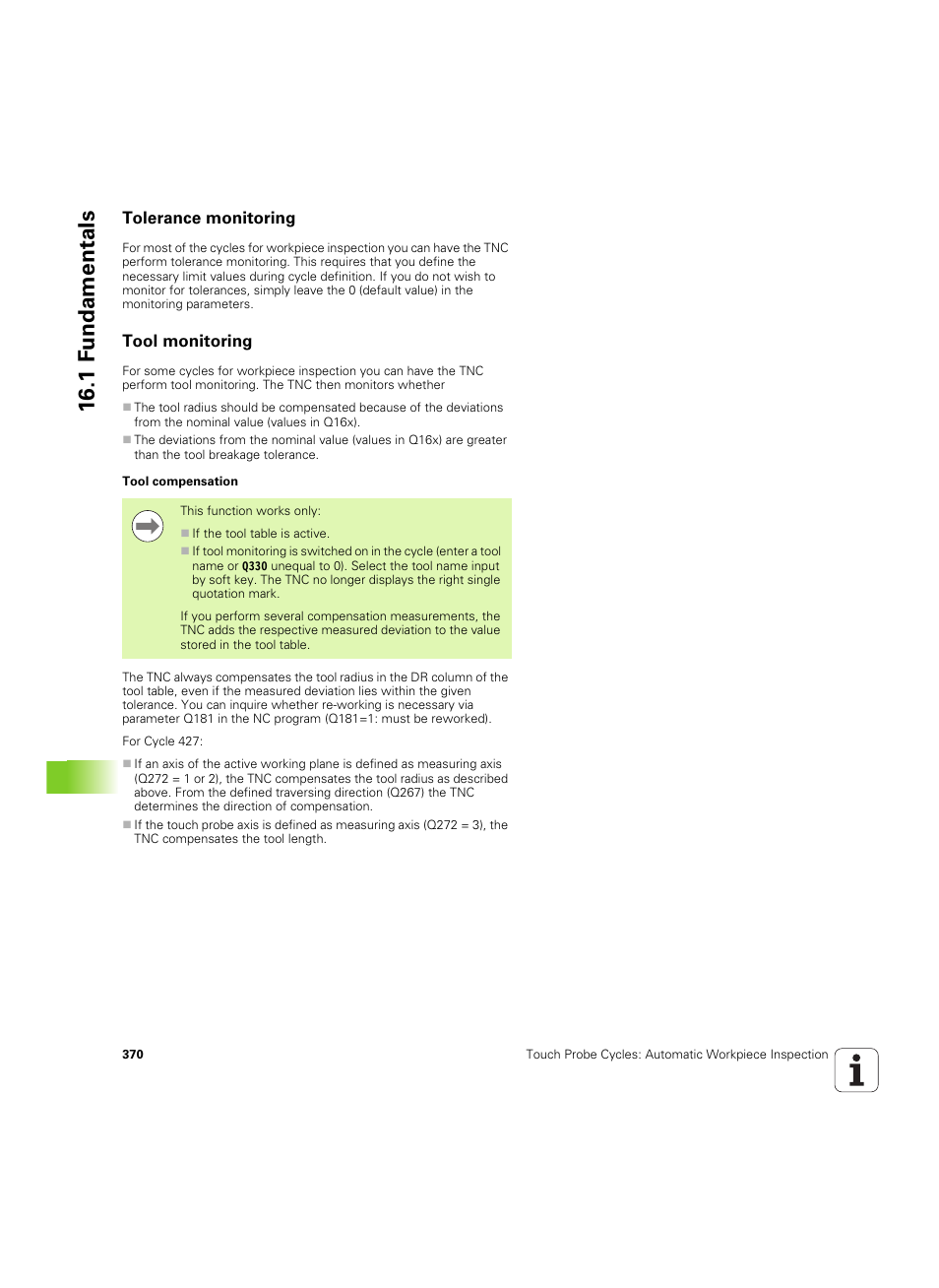 Tolerance monitoring, Tool monitoring, 1 f undamentals | HEIDENHAIN TNC 320 (340 55x-05) Cycle programming User Manual | Page 370 / 439