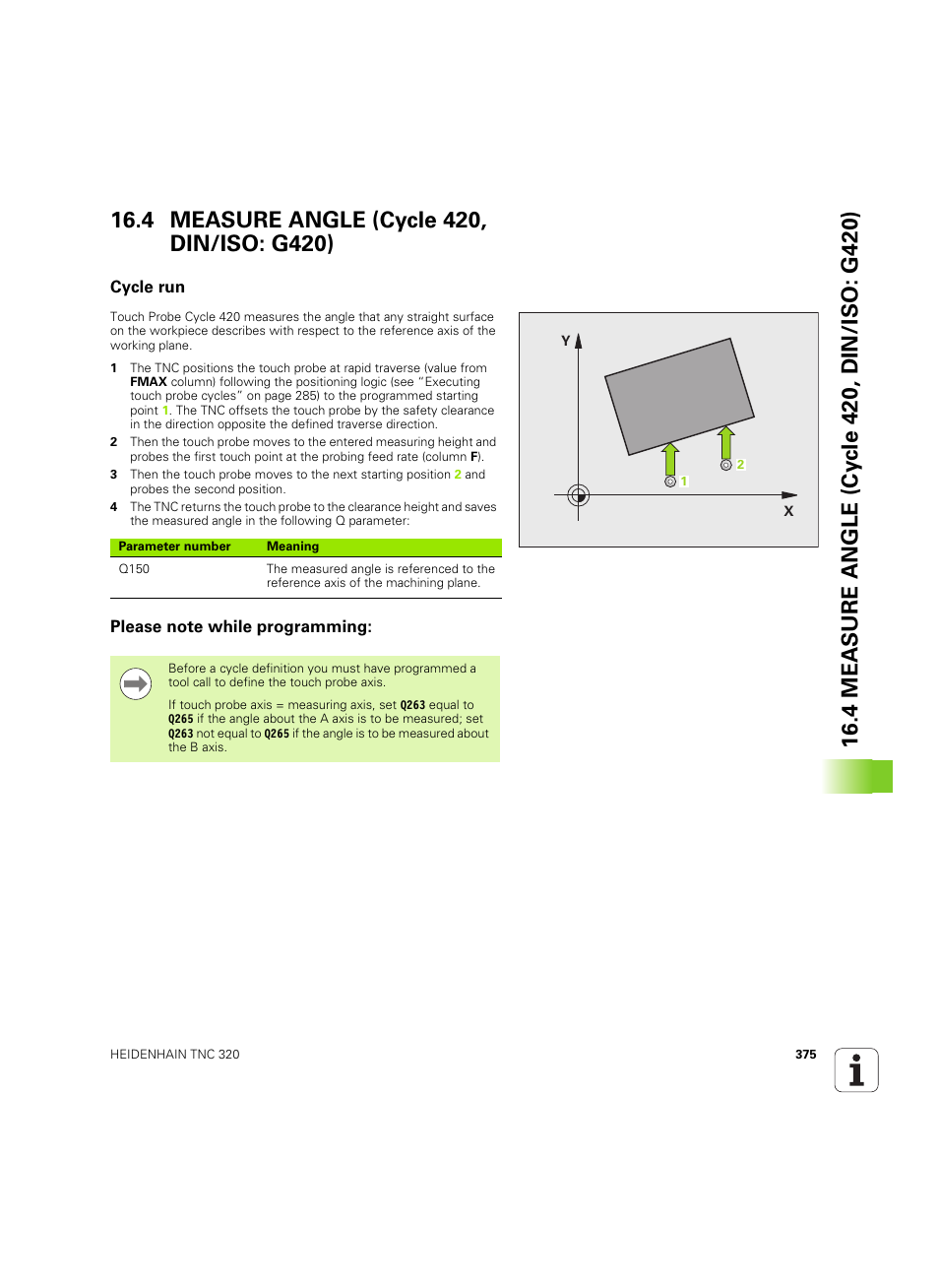 4 measure angle (cycle 420, din/iso: g420), Cycle run, Please note while programming | HEIDENHAIN TNC 320 (340 55x-05) Cycle programming User Manual | Page 375 / 439