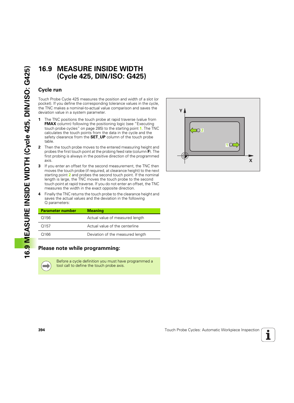9 measure inside width (cycle 425, din/iso: g425), Cycle run, Please note while programming | HEIDENHAIN TNC 320 (340 55x-05) Cycle programming User Manual | Page 394 / 439