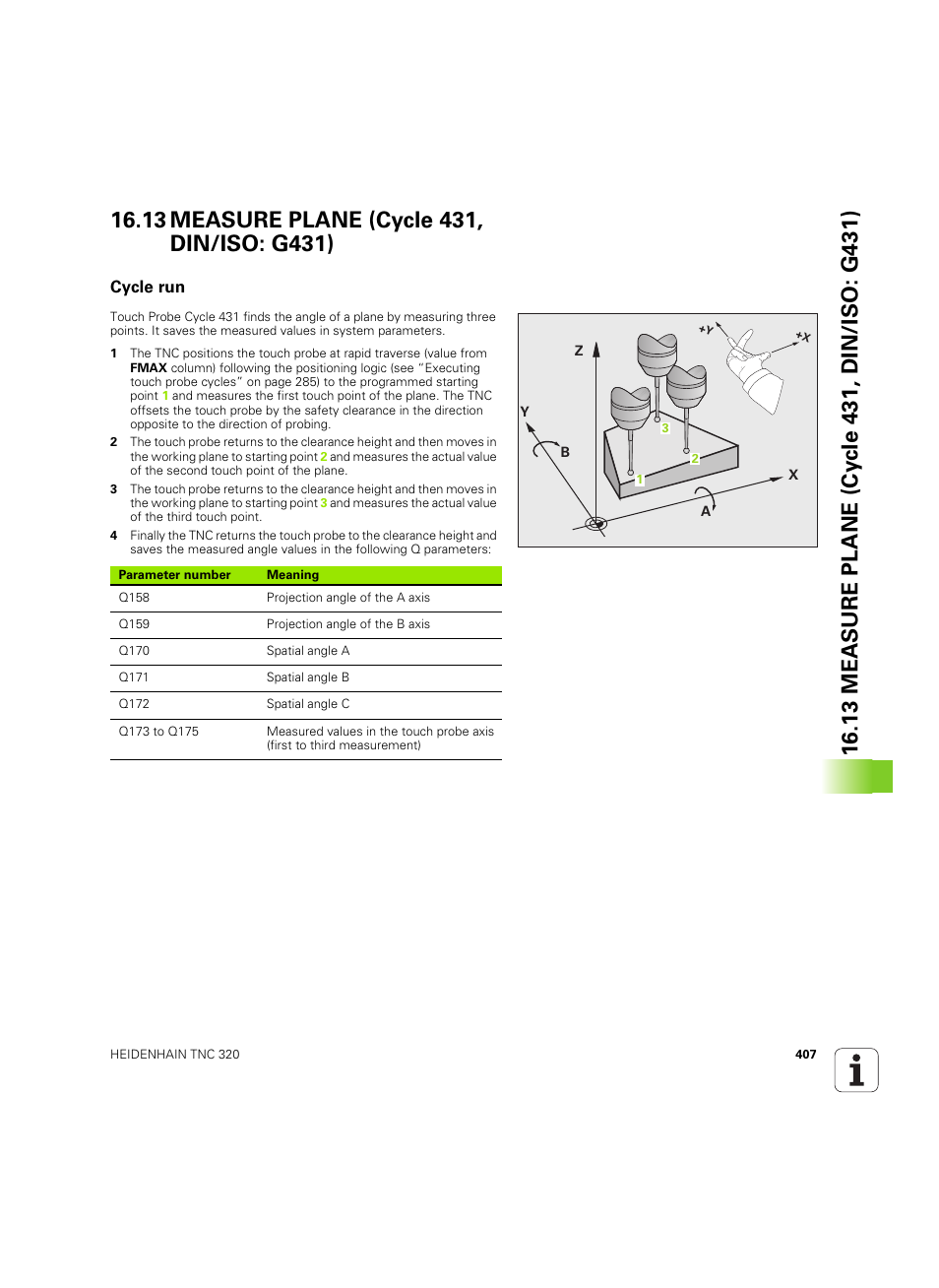 13 measure plane (cycle 431, din/iso: g431), Cycle run | HEIDENHAIN TNC 320 (340 55x-05) Cycle programming User Manual | Page 407 / 439