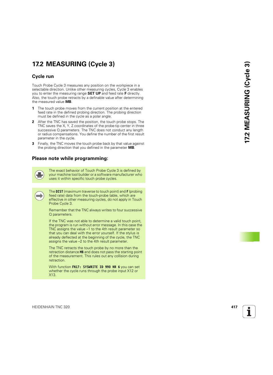 2 measuring (cycle 3), Cycle run, Please note while programming | HEIDENHAIN TNC 320 (340 55x-05) Cycle programming User Manual | Page 417 / 439