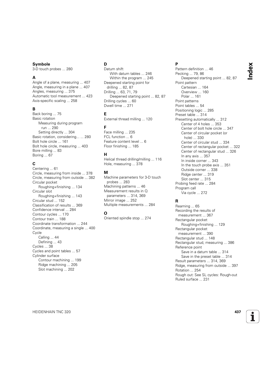 Index | HEIDENHAIN TNC 320 (340 55x-05) Cycle programming User Manual | Page 437 / 439