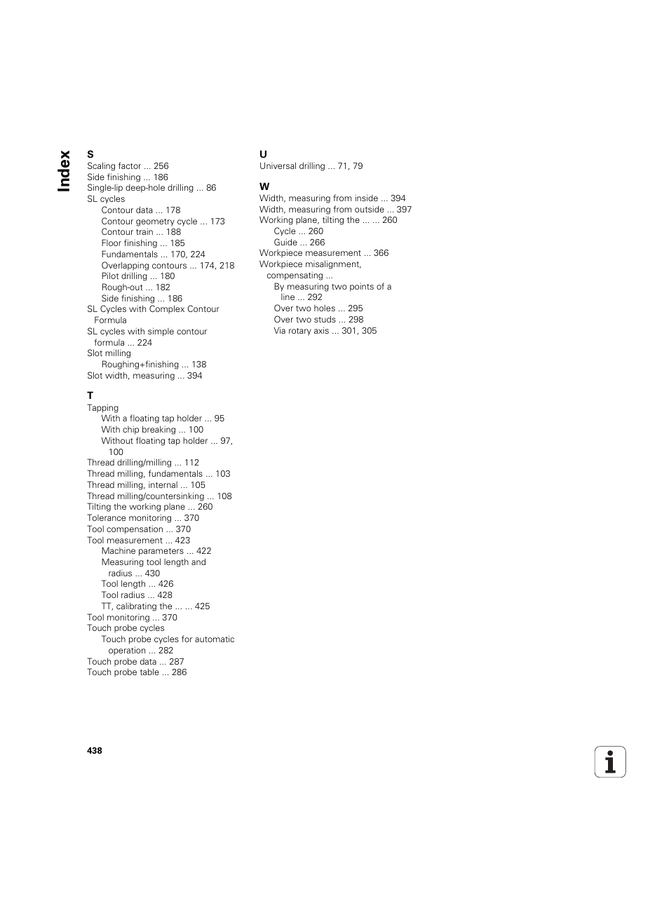 Index | HEIDENHAIN TNC 320 (340 55x-05) Cycle programming User Manual | Page 438 / 439
