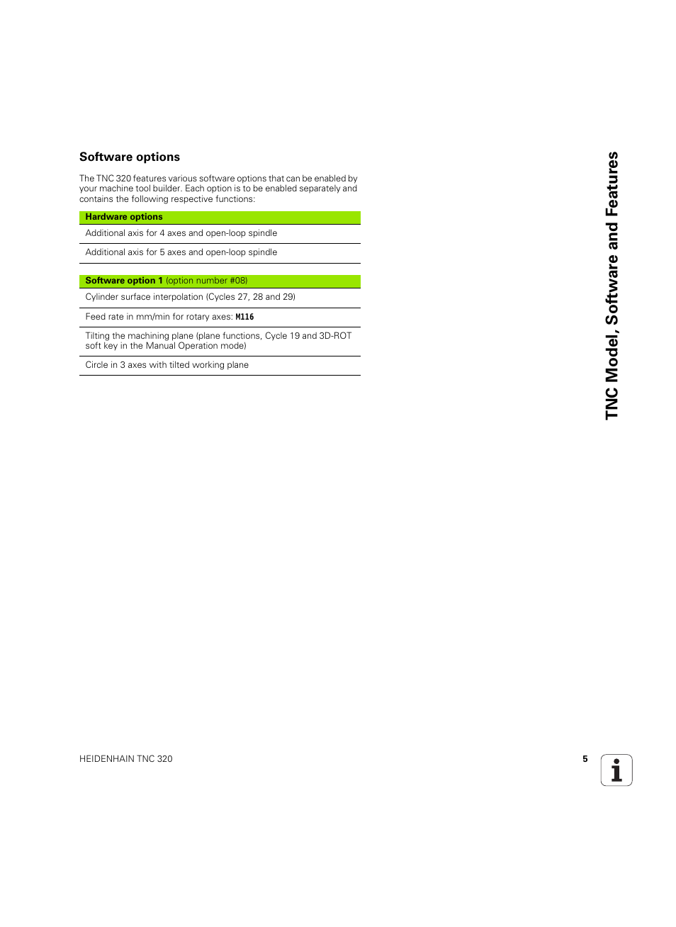 Software options, Tnc model, sof tw a re and f eat ur es | HEIDENHAIN TNC 320 (340 55x-05) Cycle programming User Manual | Page 5 / 439