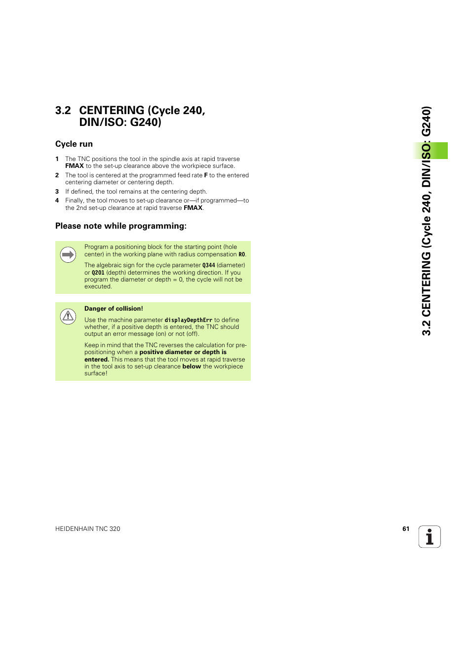 2 centering (cycle 240, din/iso: g240), Cycle run, Please note while programming | HEIDENHAIN TNC 320 (340 55x-05) Cycle programming User Manual | Page 61 / 439