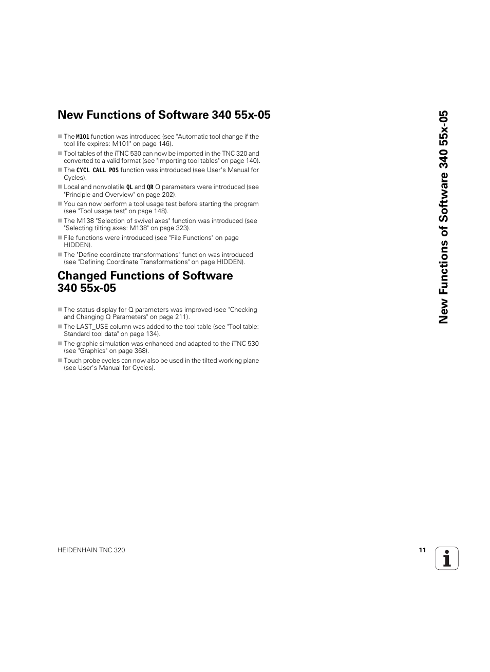 New functions of software 340 55x-05, Changed functions of software 340 55x-05 | HEIDENHAIN TNC 320 (340 55x-05) ISO programming User Manual | Page 11 / 477