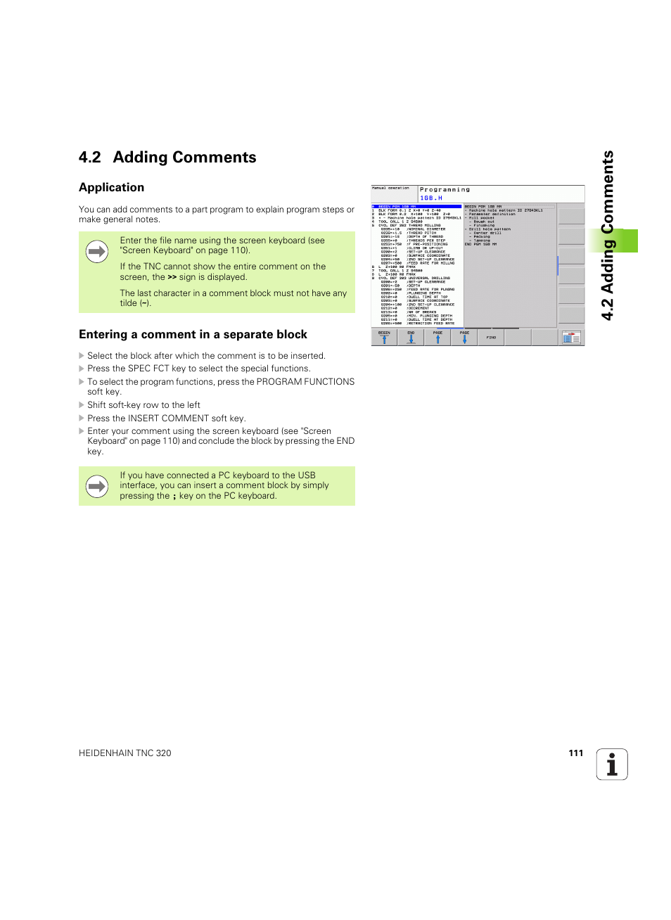 2 adding comments, Application, Entering a comment in a separate block | 2 a dding comments 4.2 adding comments | HEIDENHAIN TNC 320 (340 55x-05) ISO programming User Manual | Page 111 / 477