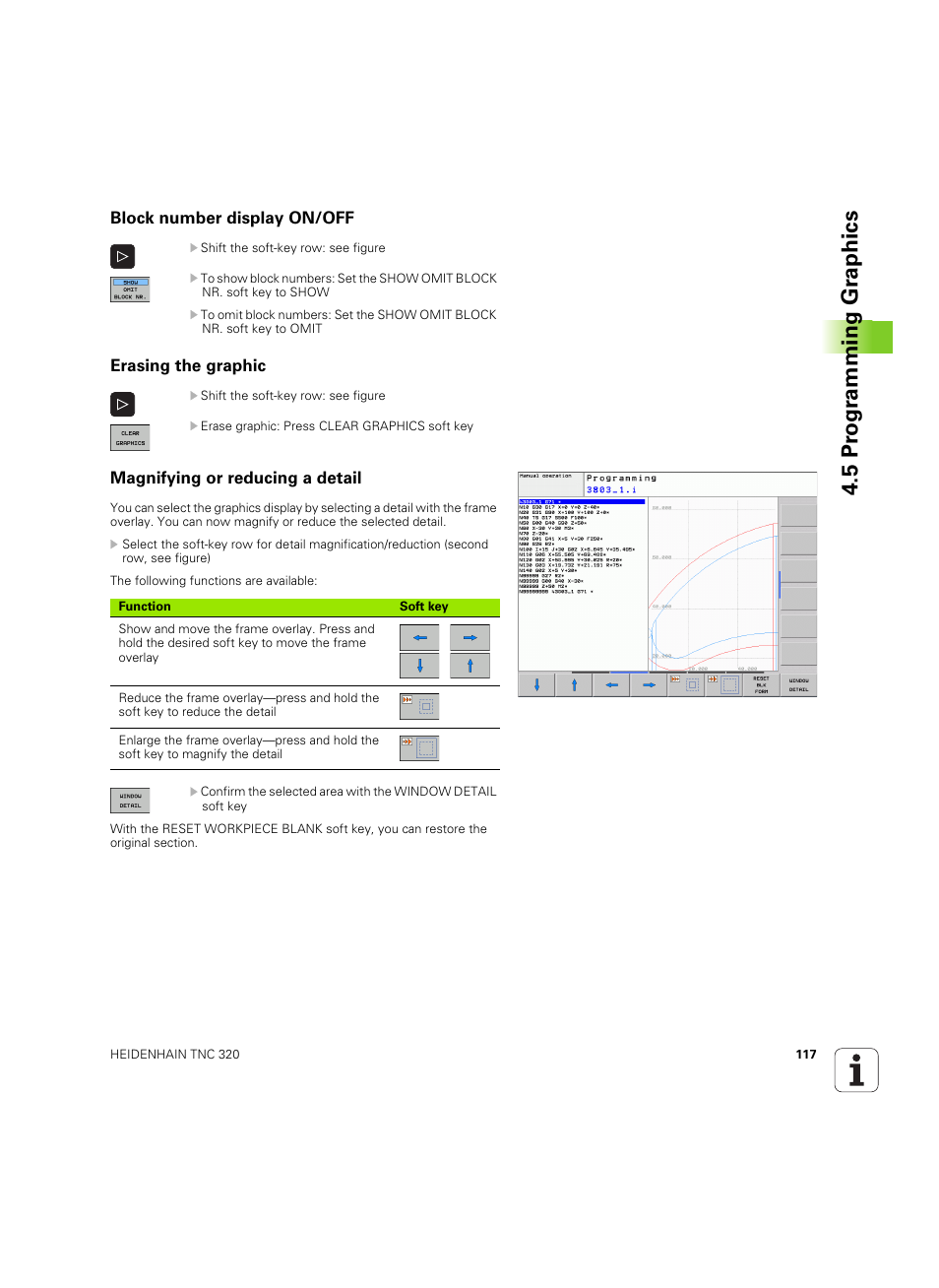 Block number display on/off, Erasing the graphic, Magnifying or reducing a detail | 5 pr ogr amming gr aphics | HEIDENHAIN TNC 320 (340 55x-05) ISO programming User Manual | Page 117 / 477