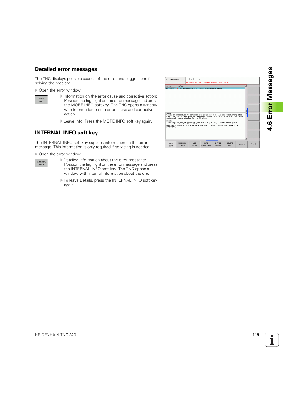 Detailed error messages, Internal info soft key, 6 er ror messag es | HEIDENHAIN TNC 320 (340 55x-05) ISO programming User Manual | Page 119 / 477