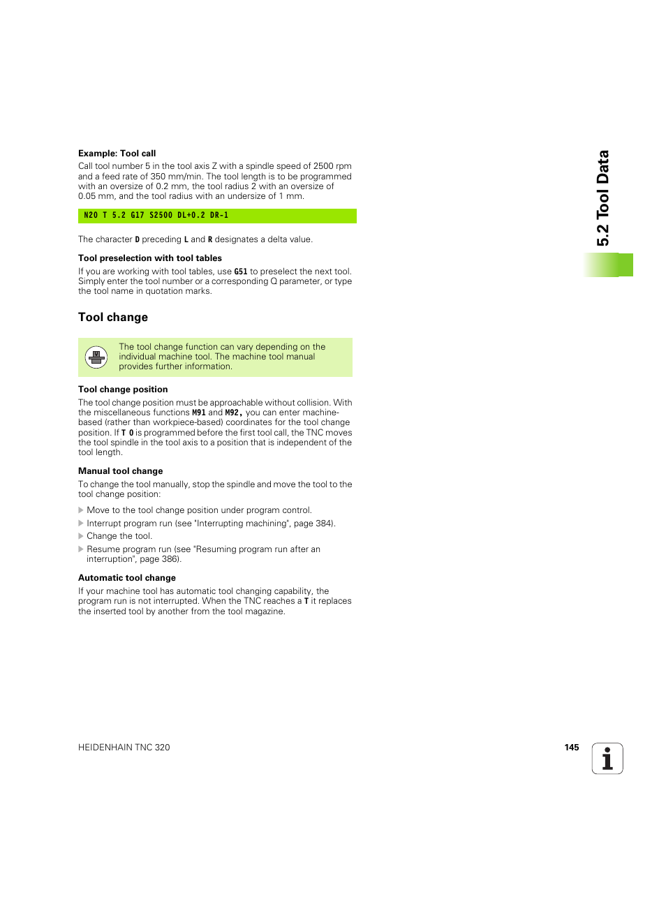 Tool change, 2 t ool d a ta | HEIDENHAIN TNC 320 (340 55x-05) ISO programming User Manual | Page 145 / 477